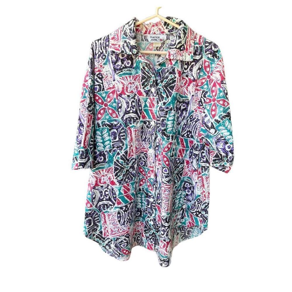 Vintage Physical Attraction size 1X  relaxed fit button front floral.